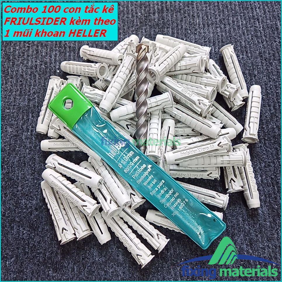 Combo 100 cái tắc kê nhựa Friulsider X1 (SX tại Ý) + 1 mũi khoan Heller (SX tại Đức)