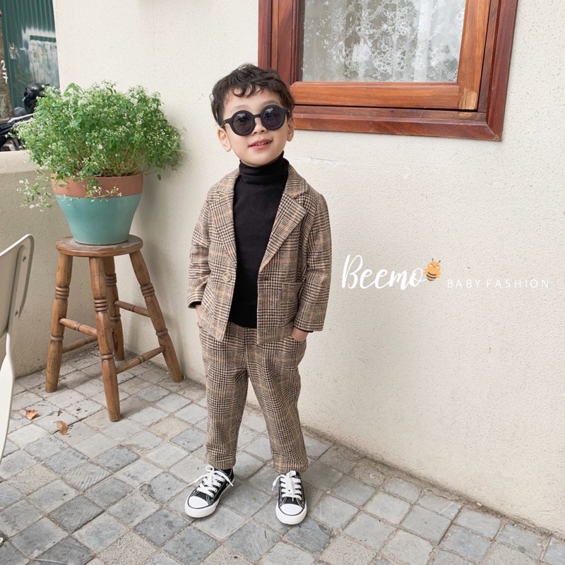 set vest dạ kẻ màu nâu Tây