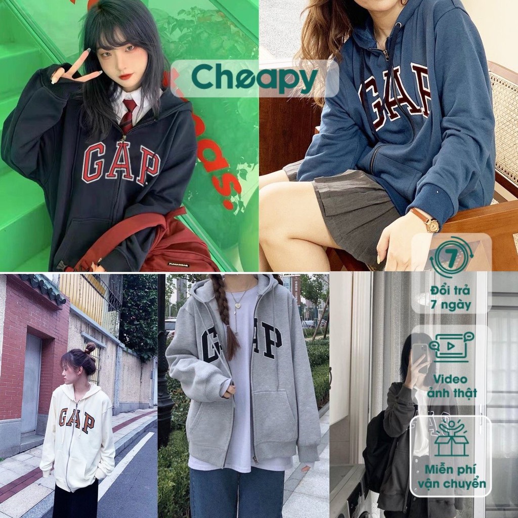 Áo khoác nỉ nam nữ GAP có mũ khóa kéo zip Cheapy phom rộng hodddie freesize xanh ghi trắng local brand C579