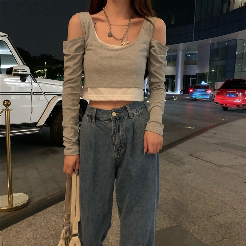 【ZHELIHANGFEI】Áo Thun Tay Dài Giả Hai Lớp Dáng Ôm Hở Eo Phong Cách Quyến Rũ