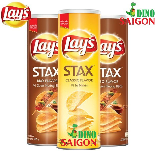 Combo 3 Hộp Bánh Snack Khoai Tây Lay's Stax Malaysia 160g gồm 2 vị Sườn nướng BBQ và 1 vị Tự nhiên