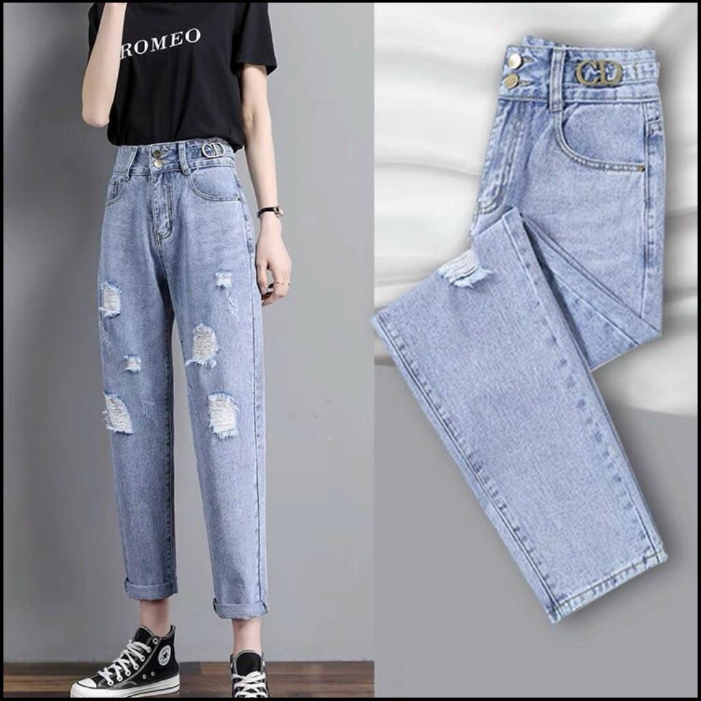 Quần Baggy Jean Nữ Rách Tinh Tế Lưng Cao Trang Nhã Phong Cách Hàn Quốc