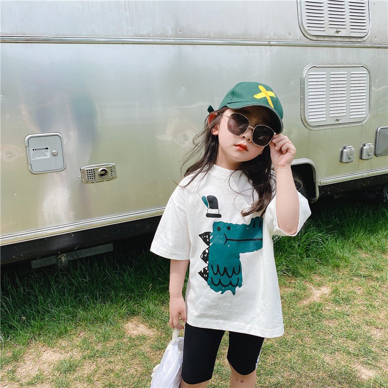 Bộ cộc tay bé gái in hình khủng long ngỗ nghĩnh, Sét áo in hình khủng long xanh Dino kèm quần legging đùi cho bé