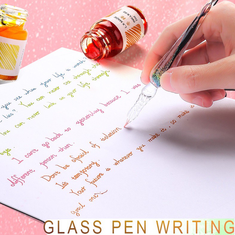 Bút thuỷ tinh gồm 1 bút kèm 4 mực và 1 cốc, 1 kê bút loại bút pha lê viết calligraphy, thư pháp, chữ hán