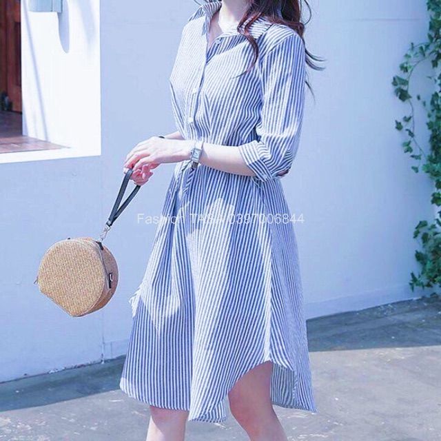 X2 Đầm công sở váy sơ mi sọc tà tròn tay dài thắt dây eo tôn dáng