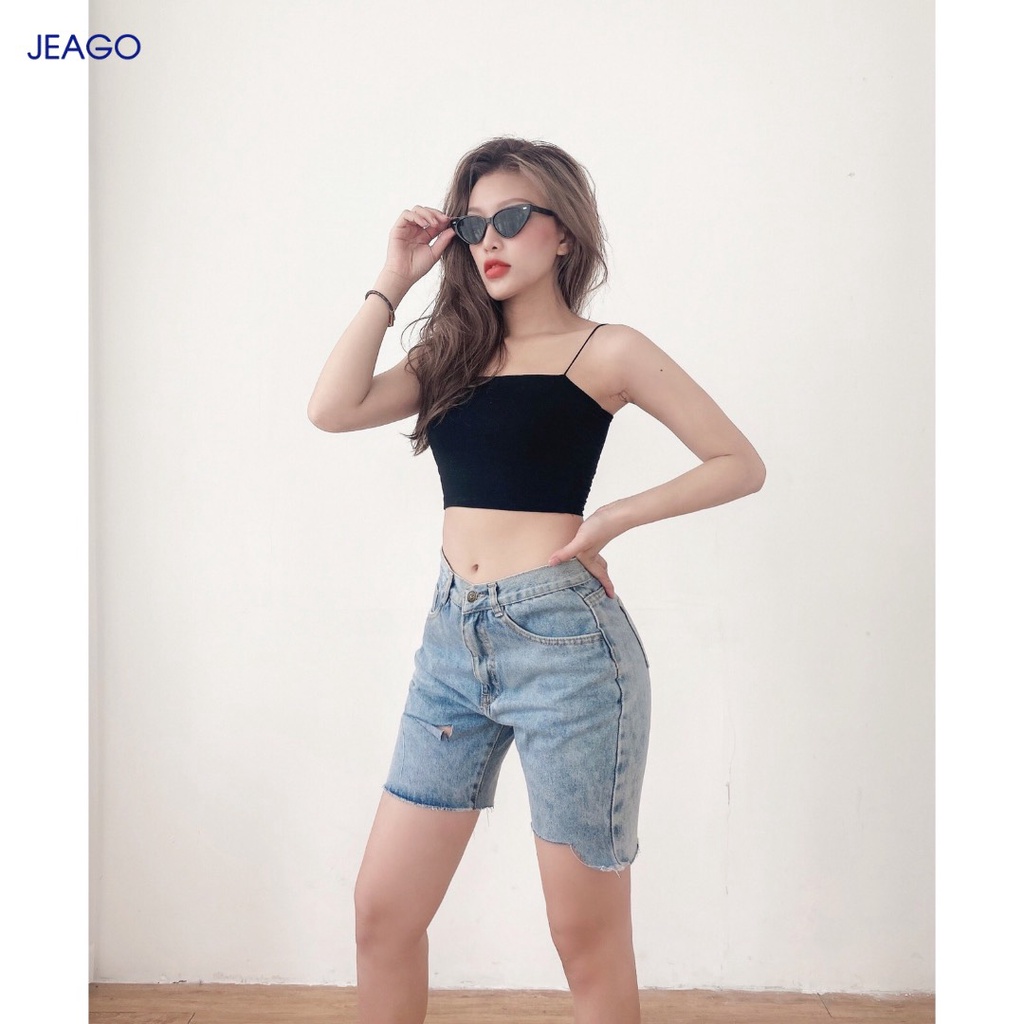 Quần short jean màu xanh bạc túi xéo dành cho nữ JEAGO