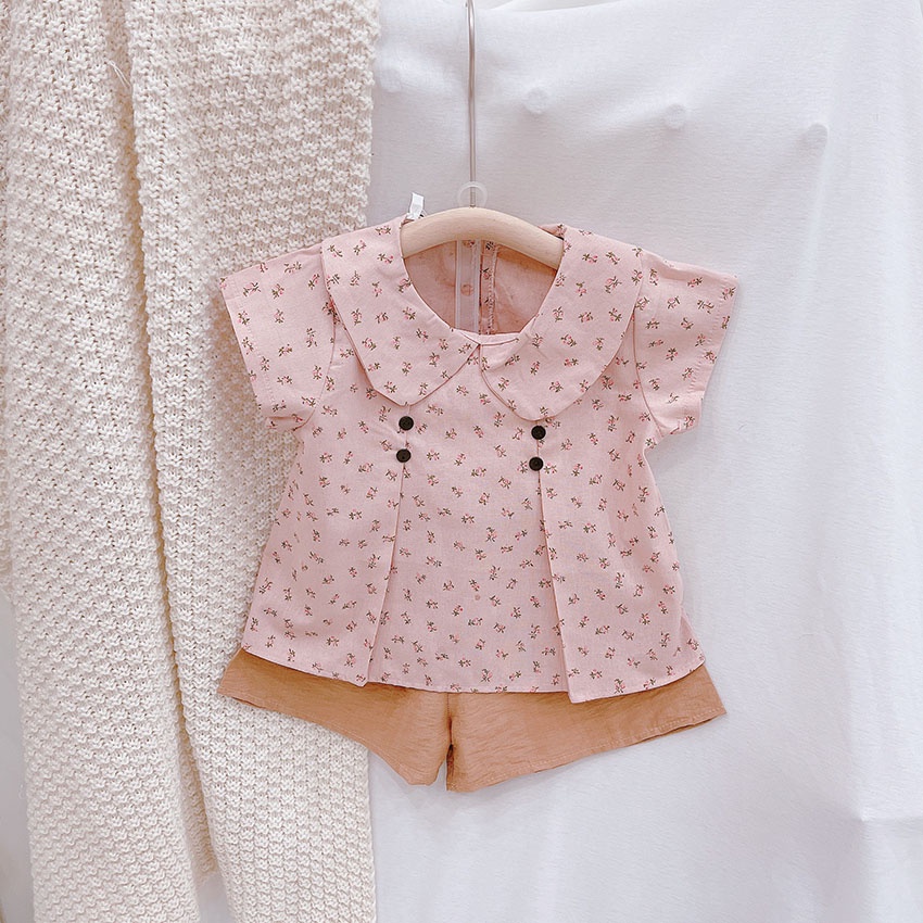 Bộ Quần Áo Cộc Tay Hoa Nhí Gắn Khuy Tiểu Thư Chất Vải Thô Linen Cho Bé Từ 8-20kg Mã CT26