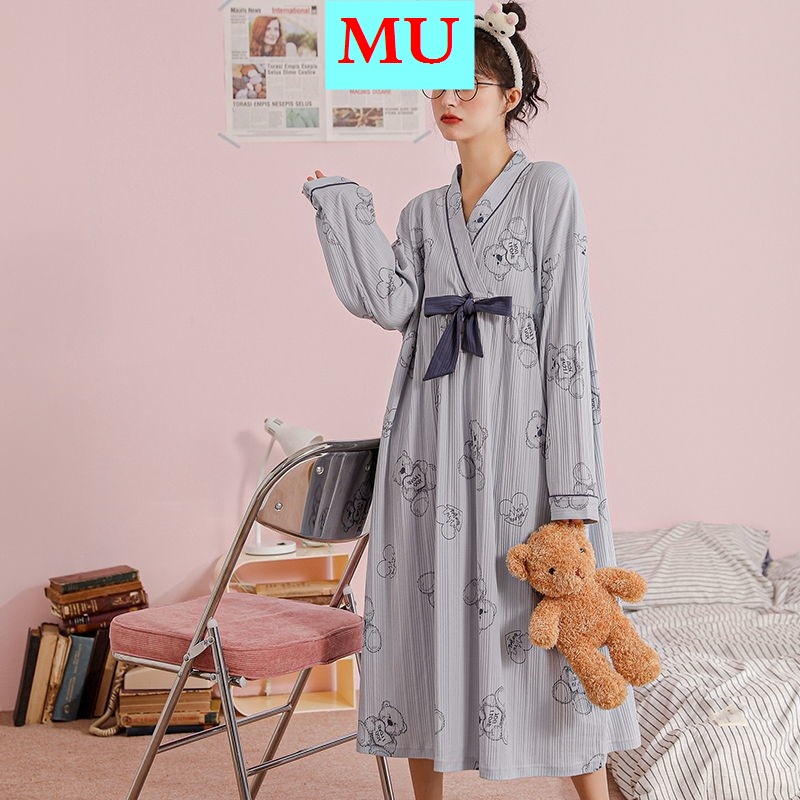 Đồ ngủ kiểu kimono tay dài chất liệu cotton in họa tiết hoạt hình phong cách Nhật Bản thời trang xuân thu cho nữ