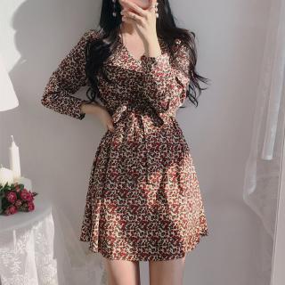 Đầm Voan Hoa Tay Dài Cổ Chữ V Phong Cách Retro 31968