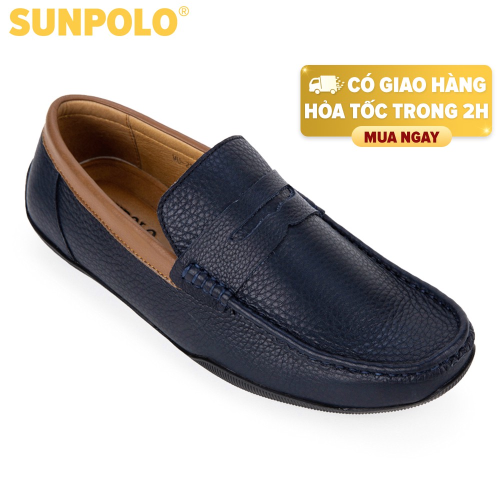 Giày mọi nam da bò SUNPOLO Xanh Navy MU2588