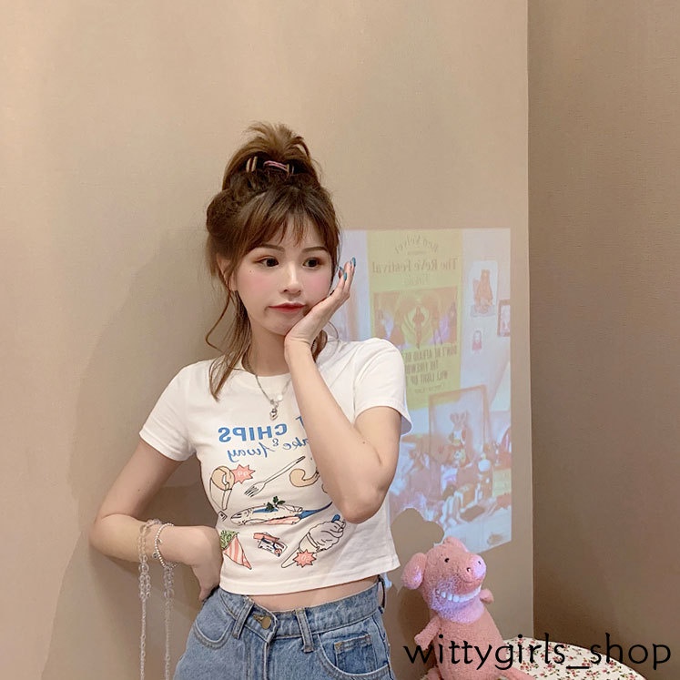 Wittygirls-áo Thun Tay Ngắn Hở Rốn Dáng Ôm Thời Trang Mùa Hè Sang Trọng Cho Nữ