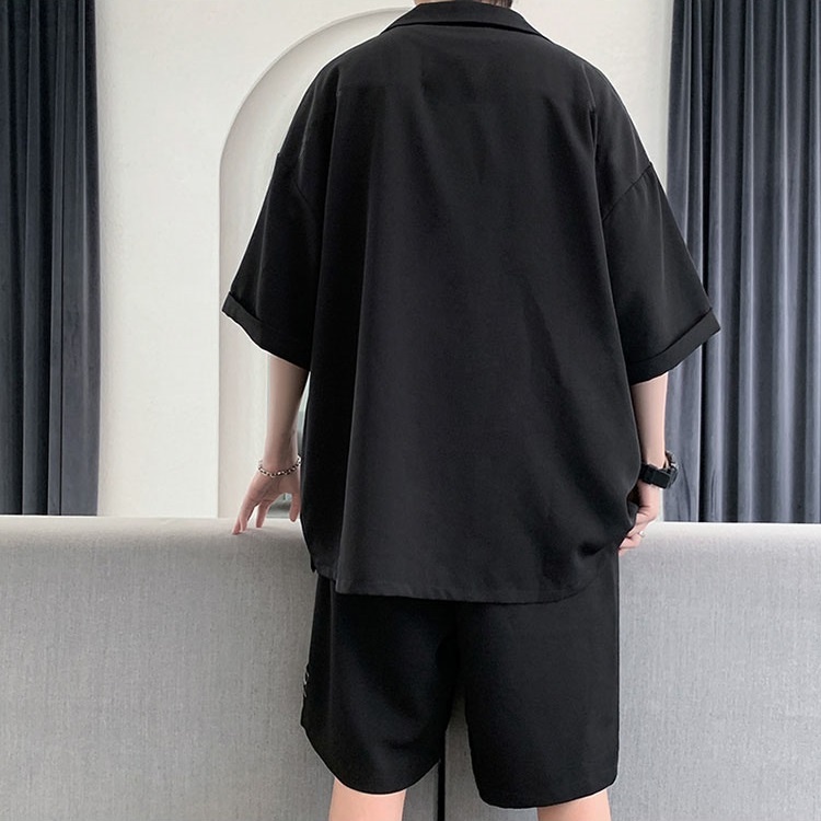 Bộ quần áo nam nữ unisex form rộng tay lỡ sơ mi quần short rộng màu đen và nâu dáng đẹp thời trang trẻ pon.mens