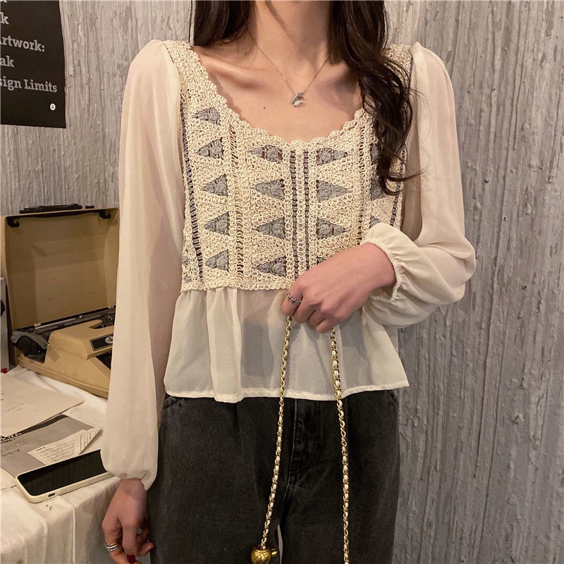 Áo sơ mi voan cổ chữ V thêu họa tiết hoa cúc phong cách retro thời trang mới cho nữ