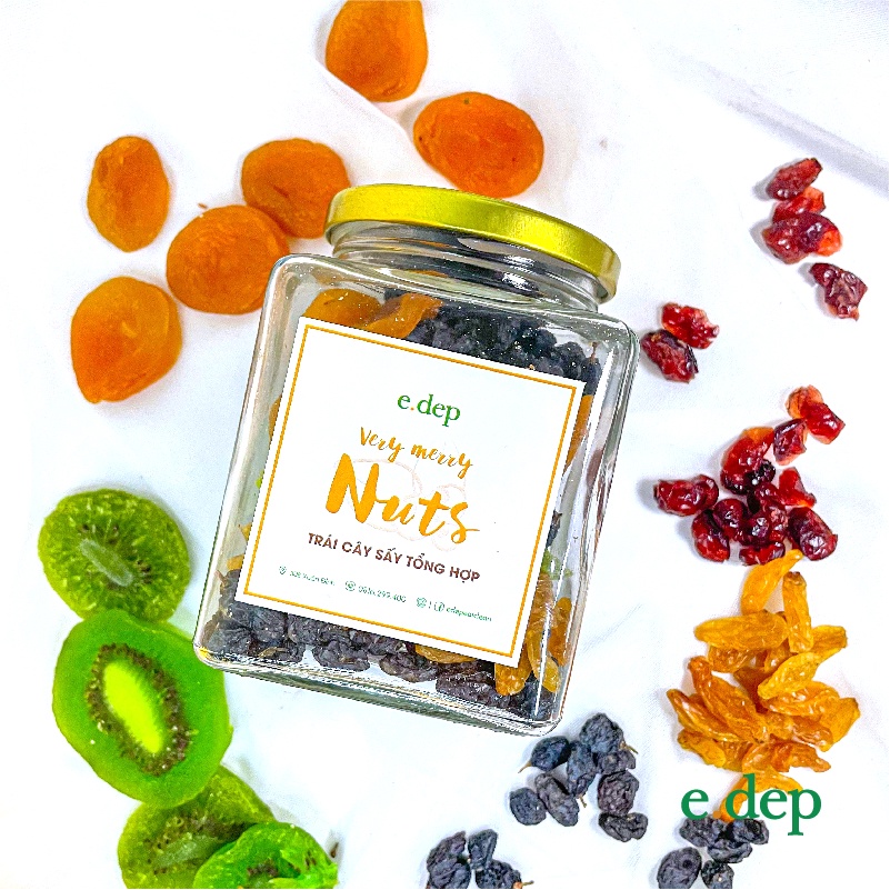 Trái cây sấy dẻo không đường mix 5 vị Kiwi, Nam Việt Quất, Mơ, Nho khô vàng, nho khô đen