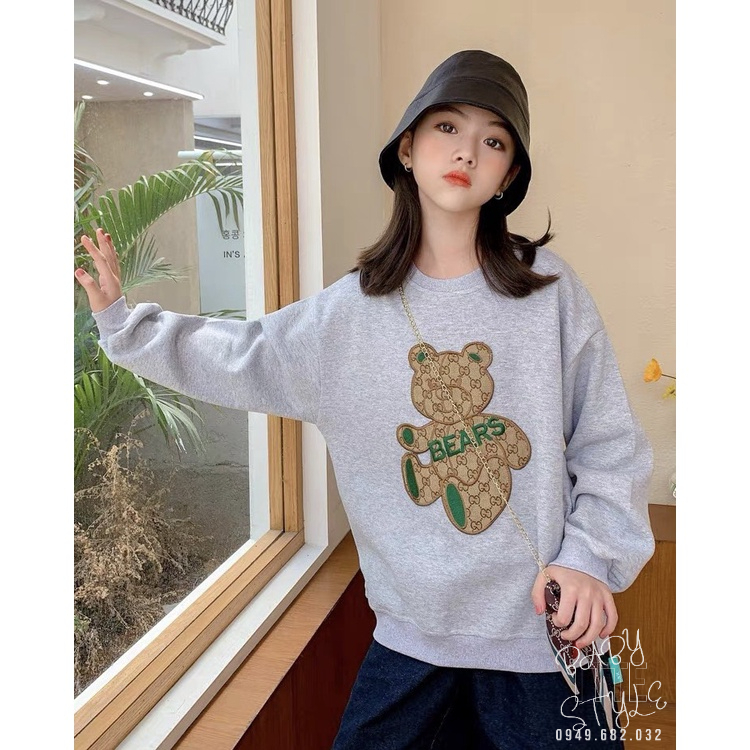 Áo thu đông bé gái &quot;BEAR&quot; 14-45kg, áo sweater dài tay cổ tròn 4-14 tuổi, gấu thêu đáp nổi xinh xắn. G47