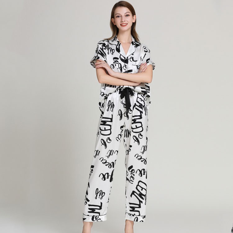 Bộ đồ ngủ lụa satin tay ngắn in họa tiết xinh xắn thời trang cho nữ