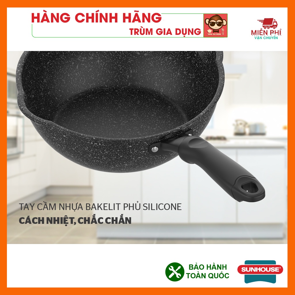 Chảo chống dính bếp từ đáy sâu vân đá, dùng được trên mọi loại bếp, miệng rót, chảo Sunhouse kích thước 20,26,28,30cm