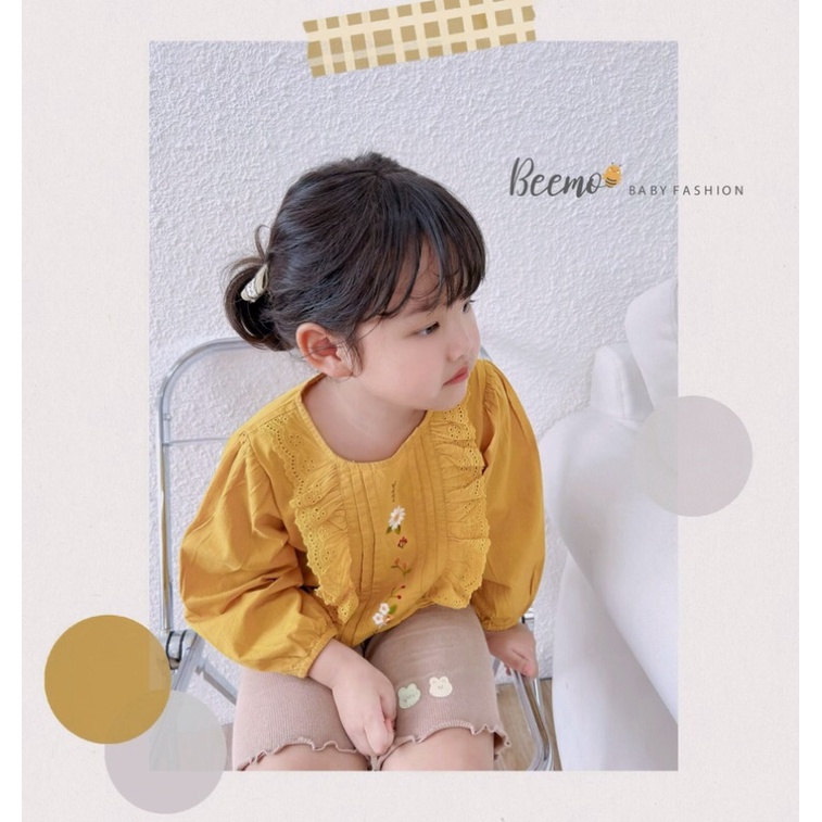 Áo sơ mi thô thêu hoa trước ngực tiểu thư kiểu dáng hàn quốc, tay bồng cho bé gái hãng Beemo