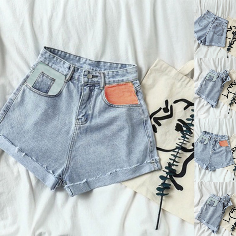 Quần Short Jean Lưng Cao Ống Rộng Phối Màu Thời Trang Mùa Hè Cho Nữ