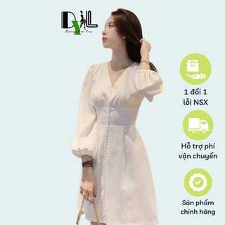Đầm thiết kế cổ tim tay phồng nút bọc