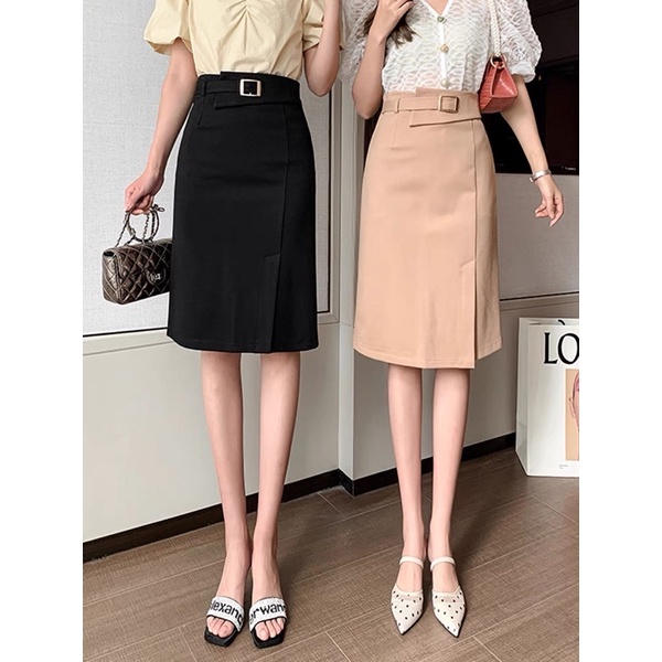 Chân Váy Chữ A Công Sở Xẻ Trước Kèm Đai Dài Đế Gối