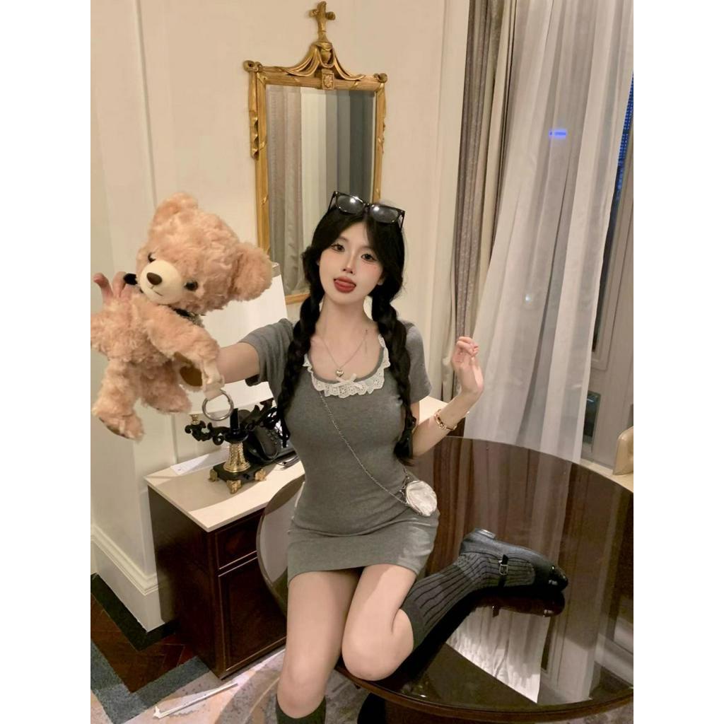 Đầm Dệt Kim Ngắn Tay Viền Ren Thời Trang Hàn Quốc Gợi Cảm Cho Nữ