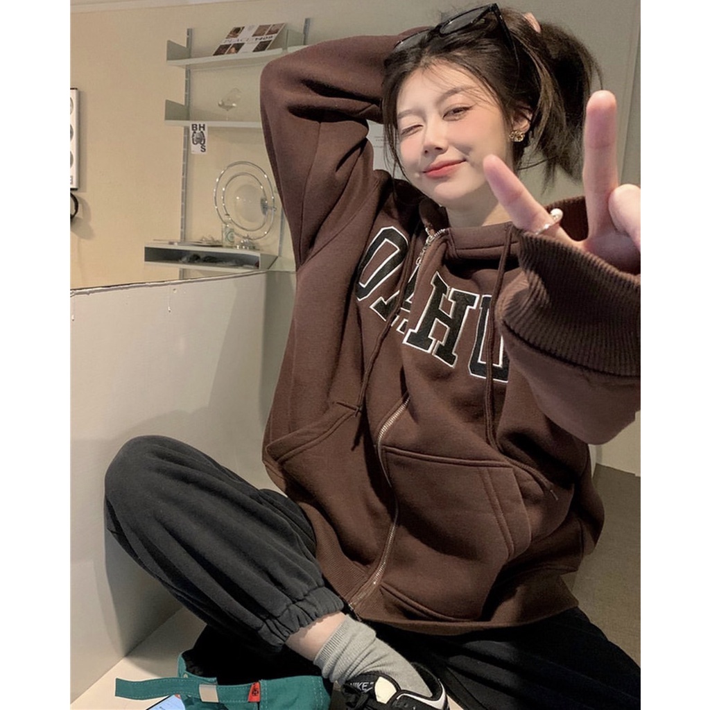 Áo Khoác Nỉ Ngoại Thêu Chữ Oahu PEONYB Unisex [FREESHIP] Hoodie zip form rộng tay bồng kiểu dáng vintage hàn quốc đẹp