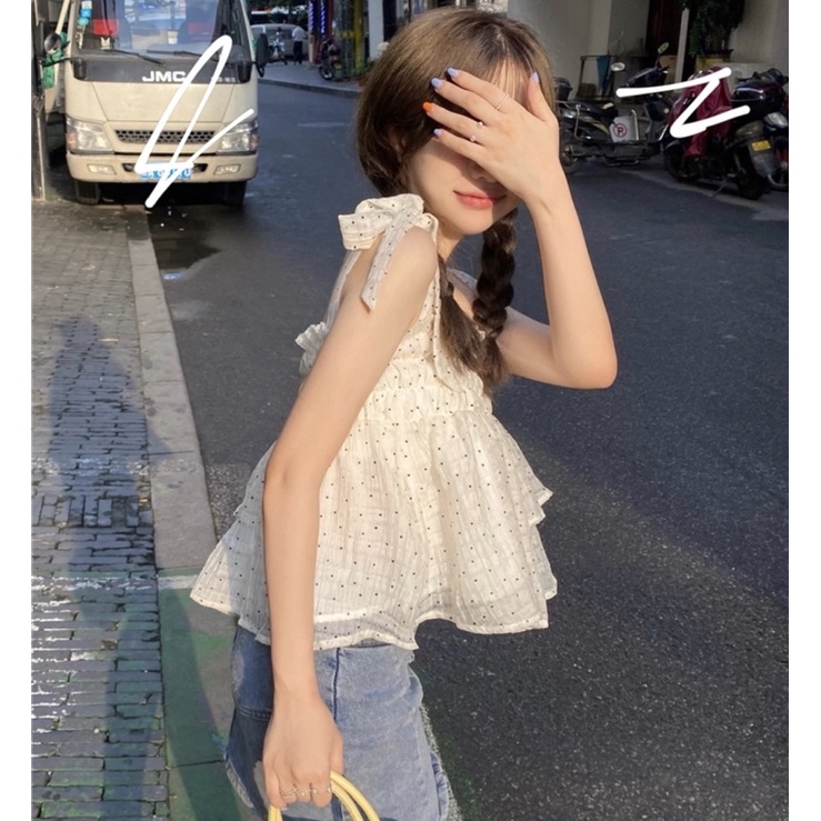 Áo Hai Dây Babydoll Chấm Bi Thắt Nơ Vai Xinh Xắn