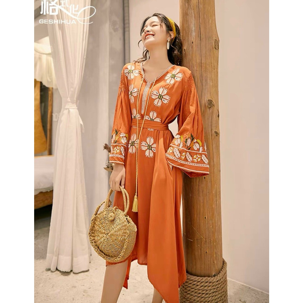 Đầm maxi đầm boho họa tiết thổ cẩm thêu kèm belt, mặc được 2 kiểu