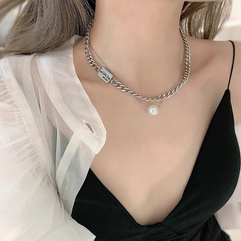 Dây chuyền nữ 2 mảnh Vòng cổ hạt cá tính 2 dây liền chất liệu hợp kim