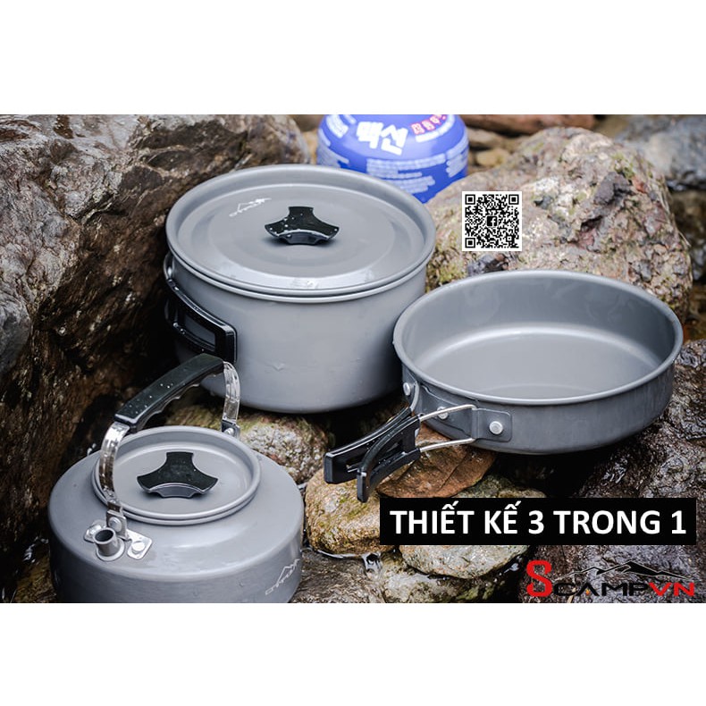 Bộ nồi ấm chảo nhôm xếp gọn 3 trong 1 NURGAZ CAMPOUT (Thổ Nhĩ Kỳ) du lịch dã ngoại cắm trại