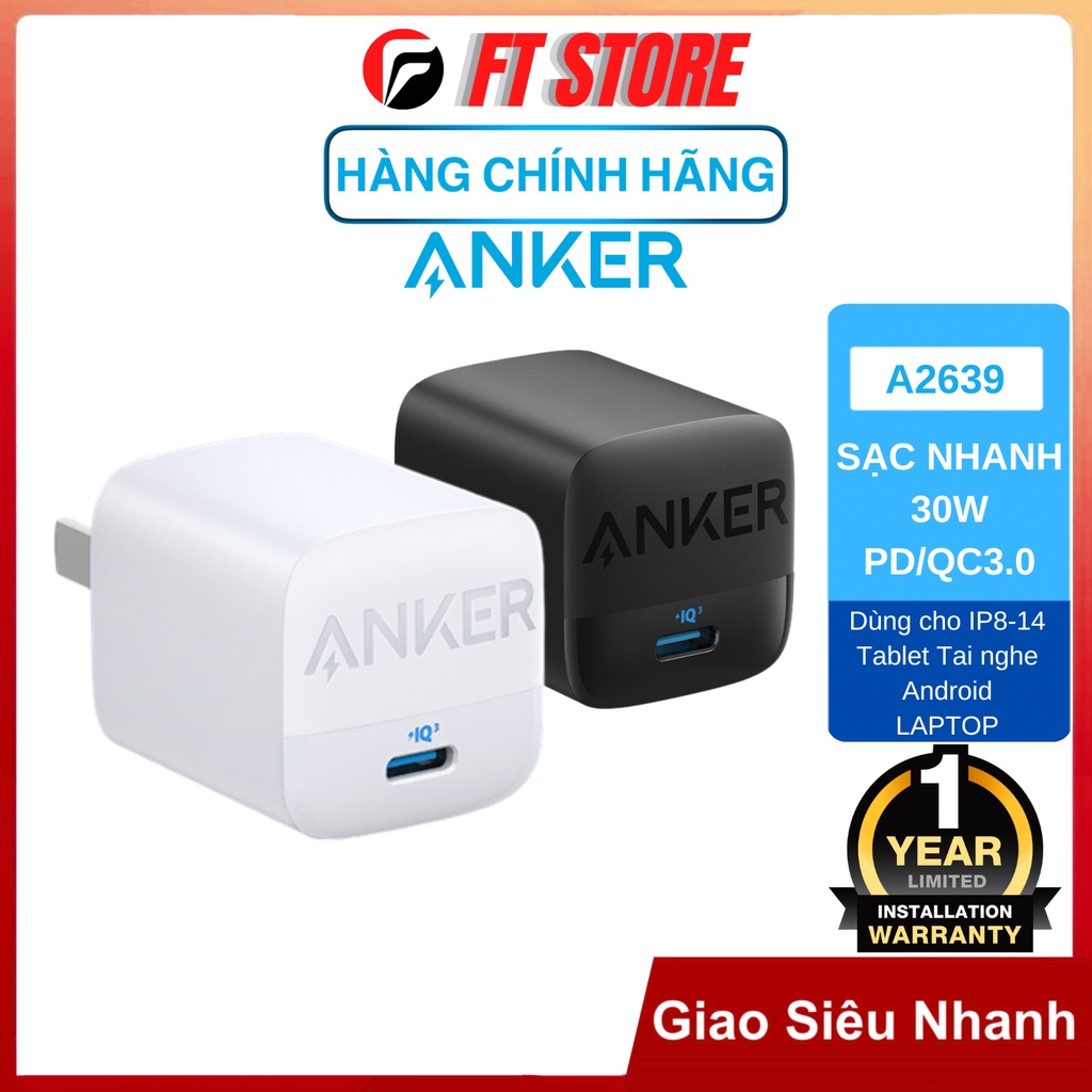 Củ sạc nhanh Anker A2639 (313) 30W PD QC3.0 BH12TH