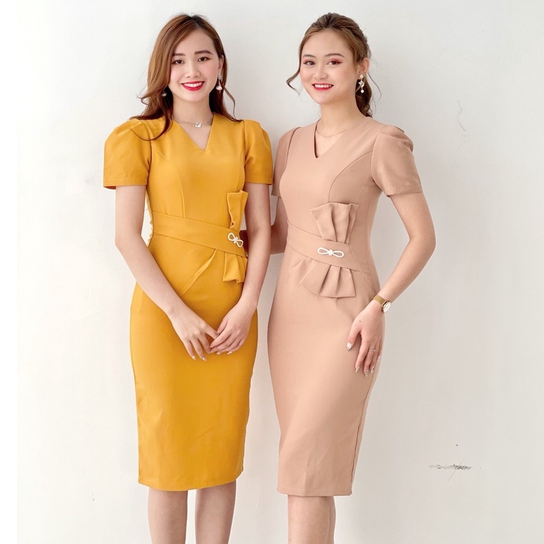 Đầm công sở đính nơ cổ V thiết kế Sang Trọng Emvy Fashion K35