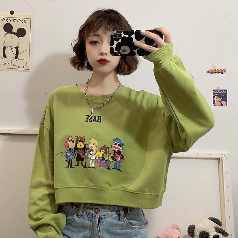 Áo croptop BH tay dài cổ tròn dáng rộng in họa tiết phong cách Hàn Quốc