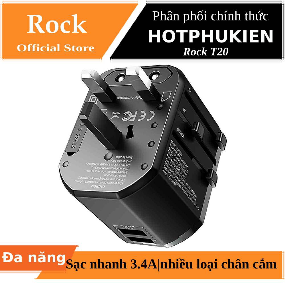 Adapter cóc củ sạc nhanh du lịch 3.4A đa năng hiệu Rock Multifunction Plug T20 hỗ trợ mọi ổ cắm - Hàng chính hãng