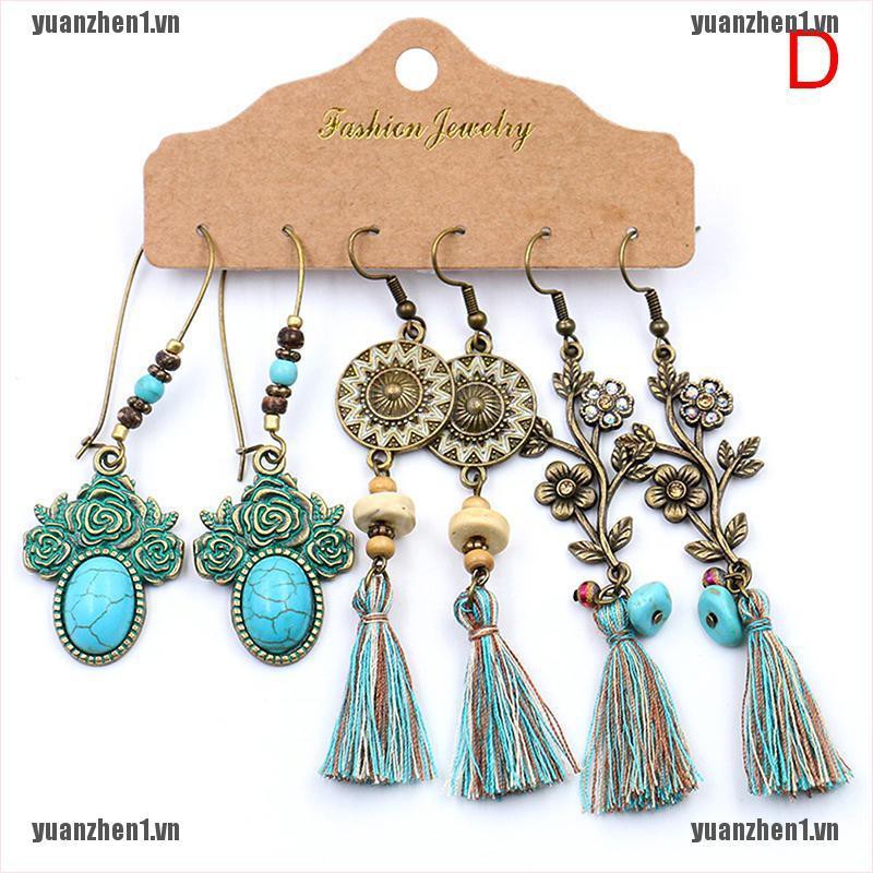 [YUANZHEN1] Set 3 Đôi Bông Tai Tua Rua Đính Ngọc Lam Phong Cách Dân Tộc Cổ Điển