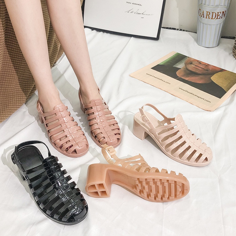 Giày Sandal Nhựa Dẻo Gót Vừa Dày Dặn Trong Suốt Kiểu La Mã Cổ Điển Thời Trang Mùa Hè Cho Nữ