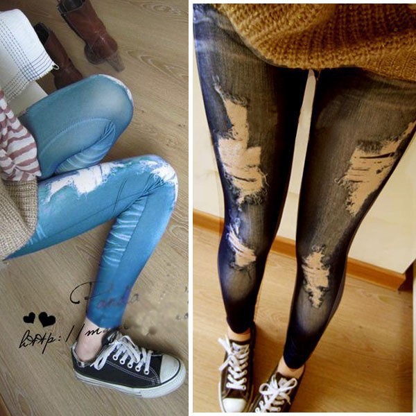 Quần legging nữ co giãn thiết kế giả jean rách độc đáo cá tính