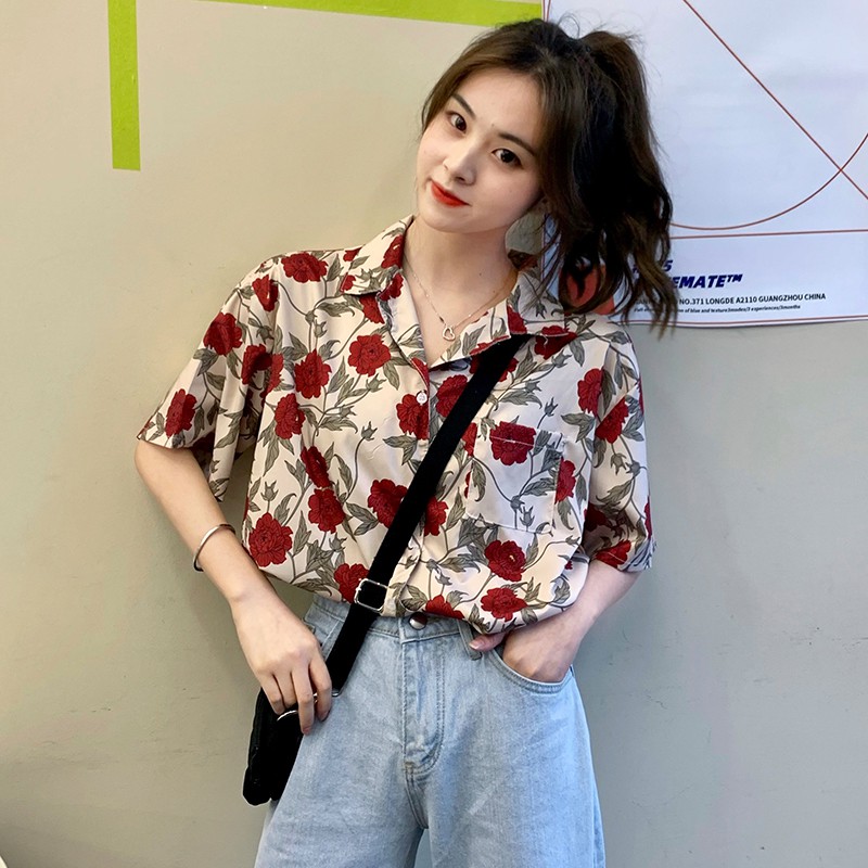 Áo sơ mi chiffon from rộng unisex in hoa hồng phong cách retro Hàn Quốc | WebRaoVat - webraovat.net.vn