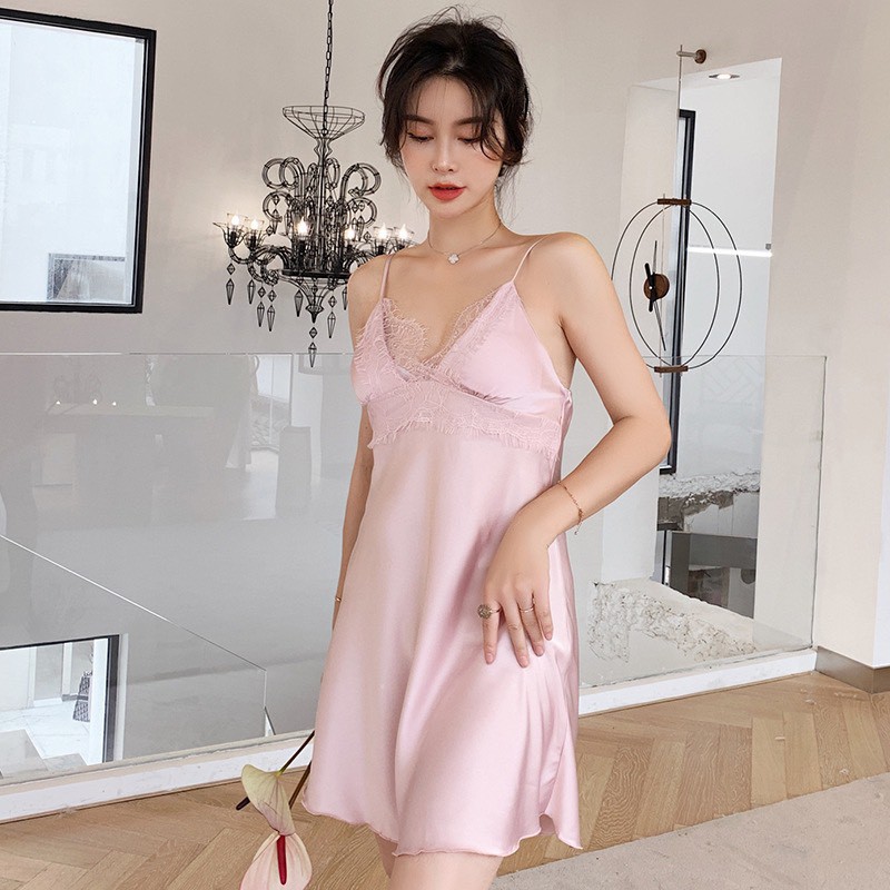 Đầm Ngủ Lụa Satin Cao Cấp Mặc Nhà Có Mút Ngực Đủ Size Dưới 65Kg Ren 18cm AD-04