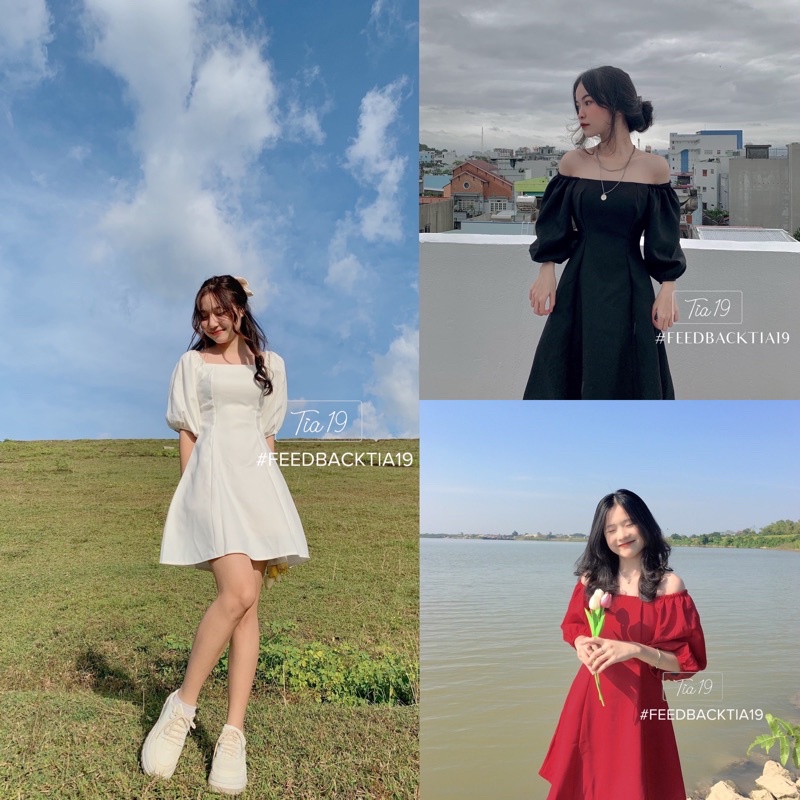 Váy cổ vuông tay bồng Tia19. Đầm trễ vai dáng xoè ulzzang ( Ảnh thật)