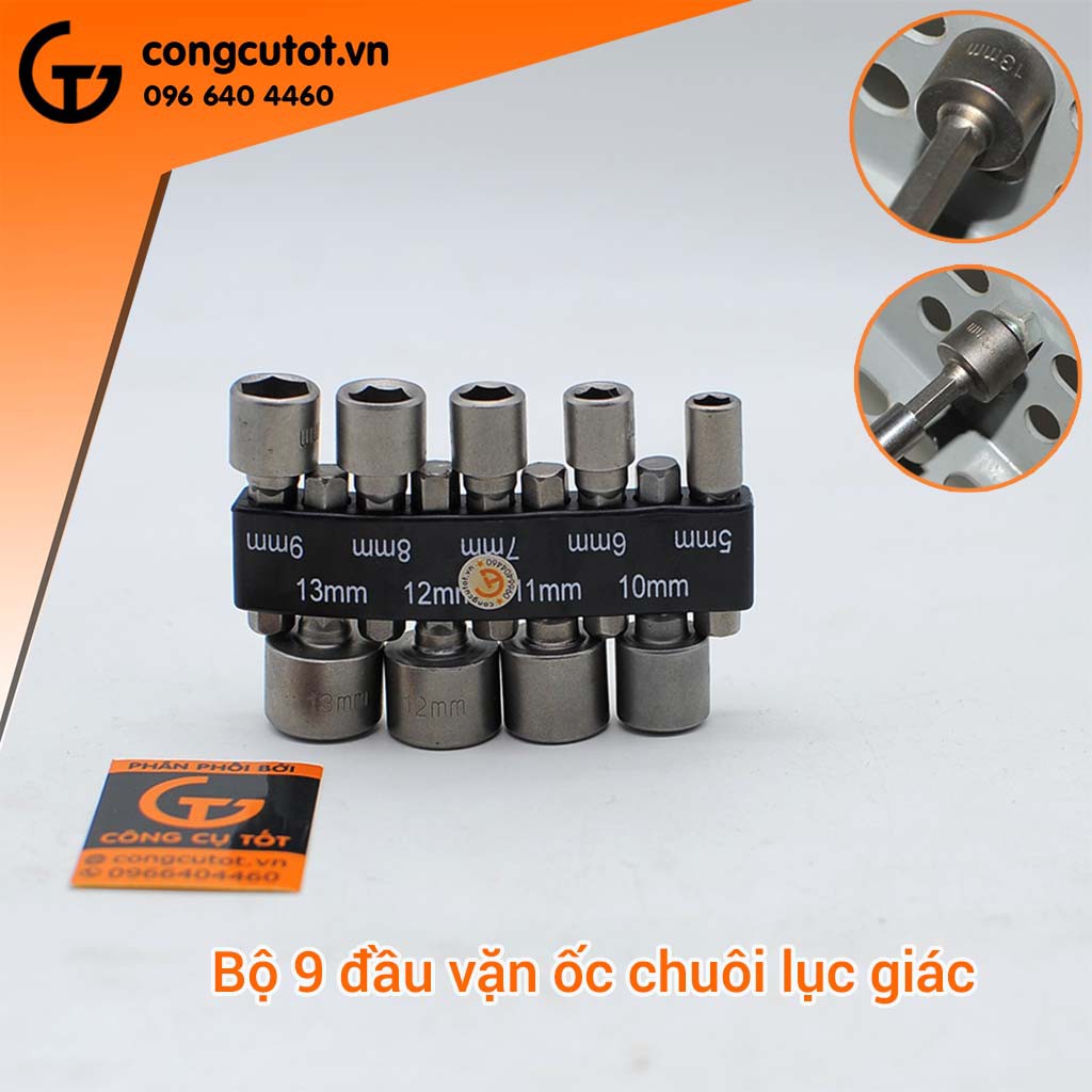 Bộ 9 đầu vặn ốc chuôi lục giác hệ mét từ 5mm-13mm