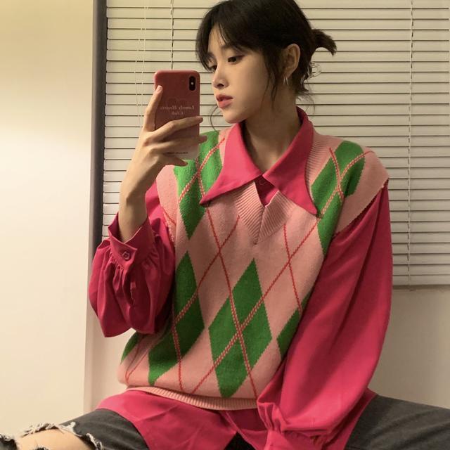 Set Áo Sơ Mi + Áo Dệt Kim Dáng Rộng Màu Sắc Ngọt Ngào Phong Cách Phương Tây Thời Trang Cho Nữ