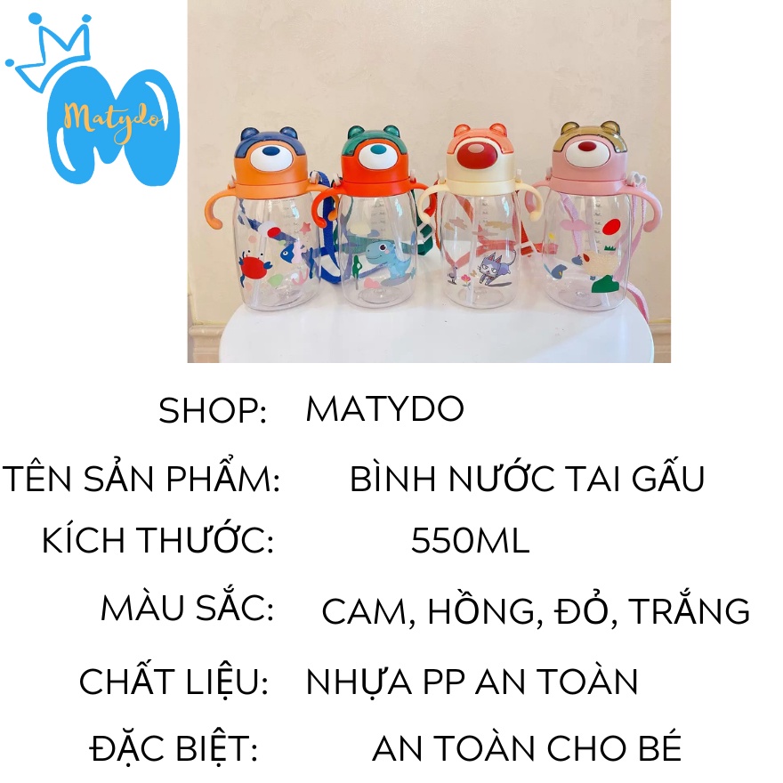 Bình nước học sinh 550ml chịu nhiệt có tay cầm và dây đeo tiện dụng an toàn cho bé đi học BN03