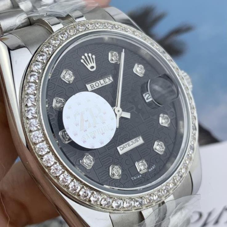 Đồng hồ Nam Rolex -đồng hồ cơ Automatic máy nhật classic mặt Đen 3D viền đá size 36mm-38mm