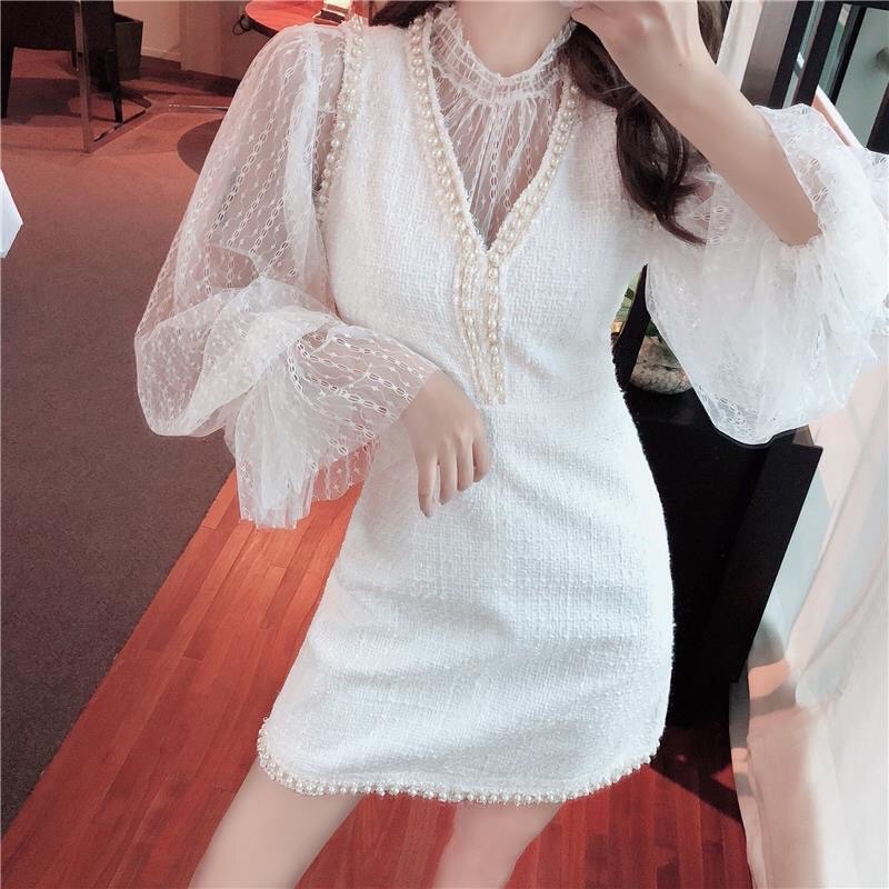 Set váy yếm dạ tweed đính ngọc và áo lưới tay loe [Ảnh thật 3-9]