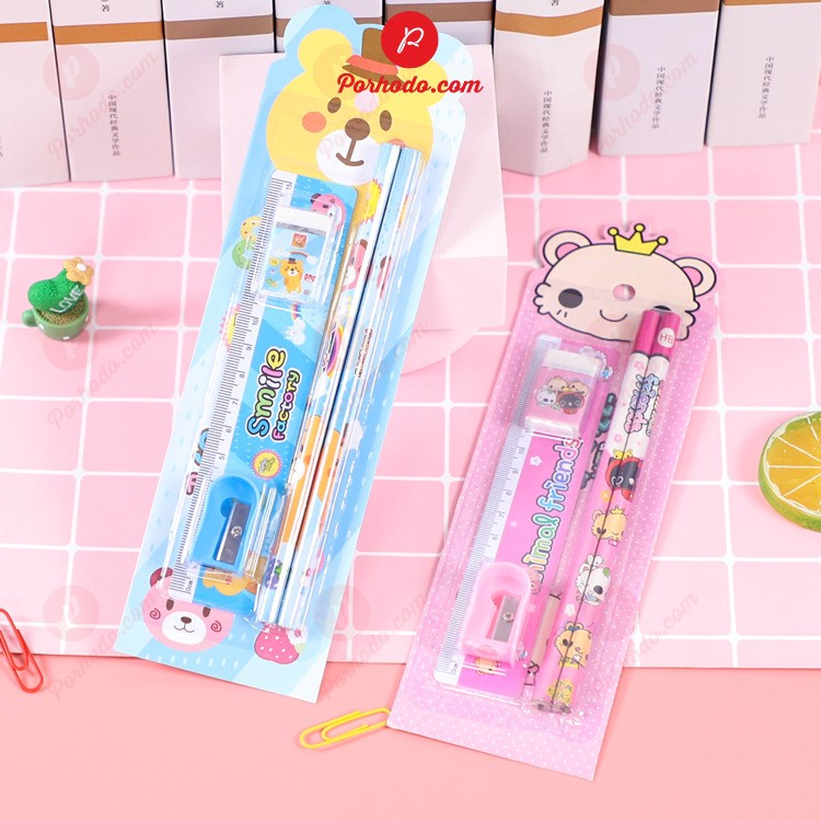 Set 5 dụng cụ học tập dễ thương dùng làm quà tặng cho bé gồm 2 bút chì+ thước + gôm + gọt chì VP2101208