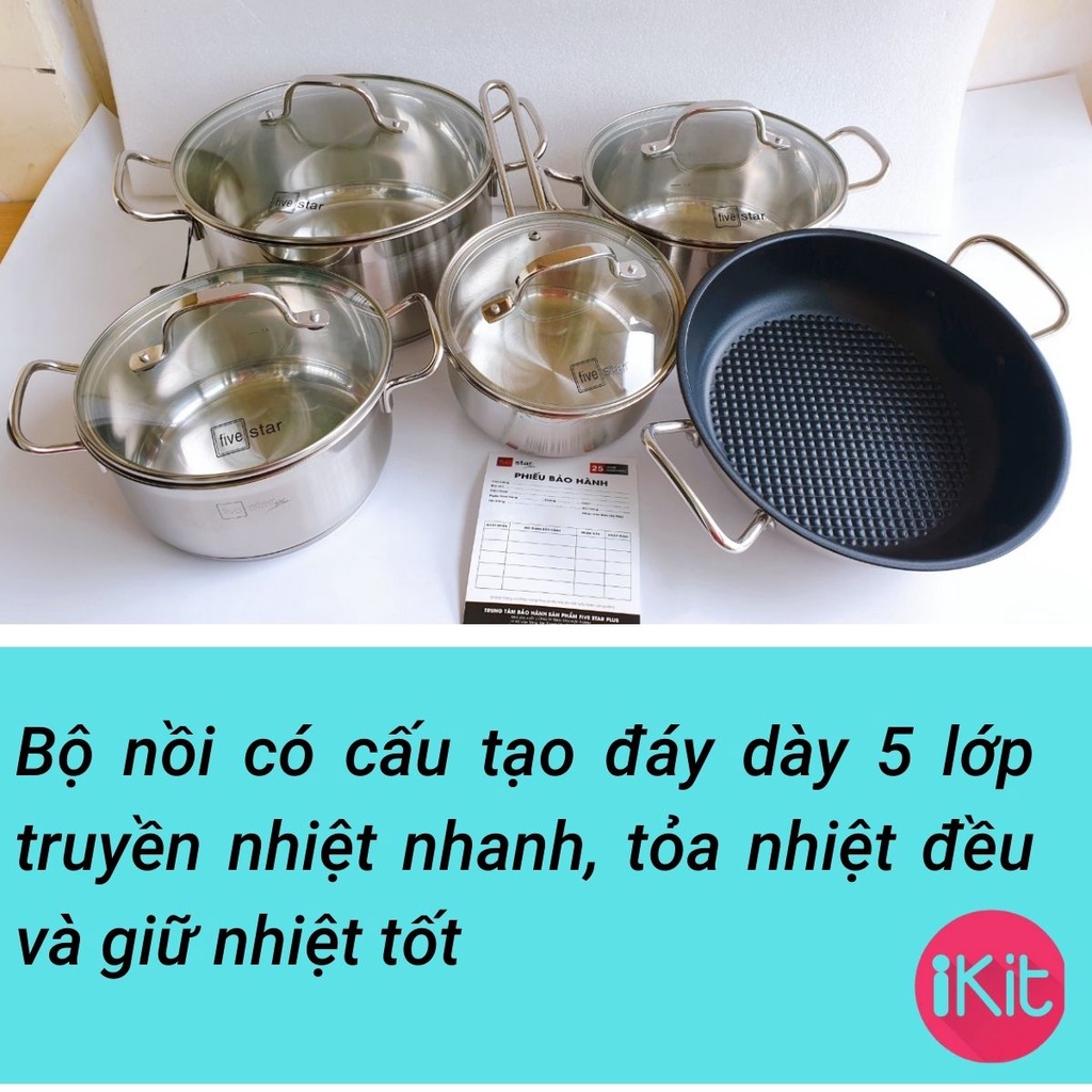 Bộ nồi inox fivestar 5 món vung kính 5 đáy inox 304. Kèm chảo chống dính 2 quai. Bảo hành 25 năm