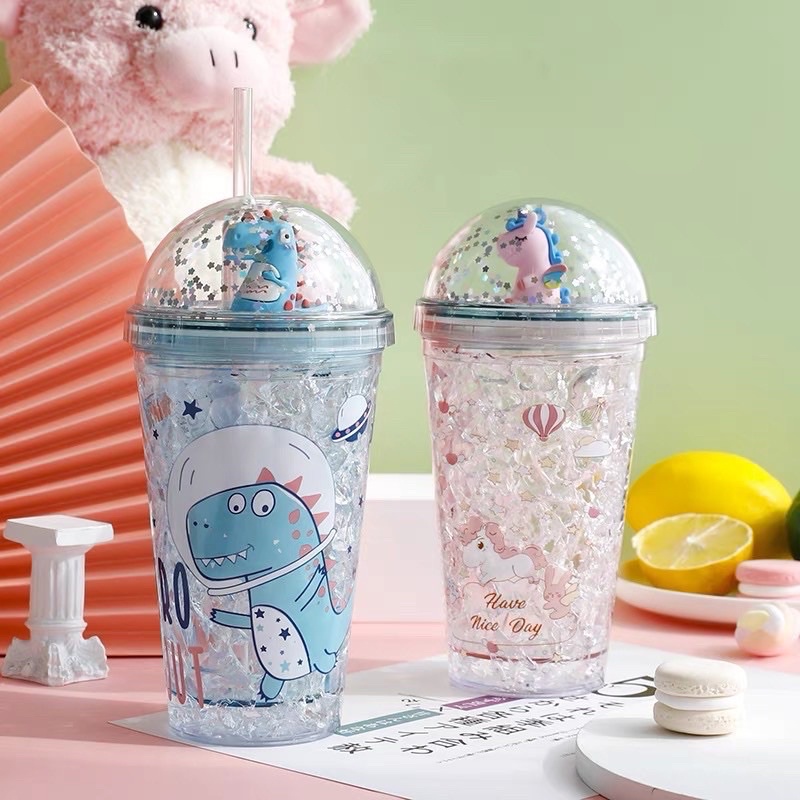 Ly đựng nước kim tuyến hình khủng long 500ml tặng kèm ống hút