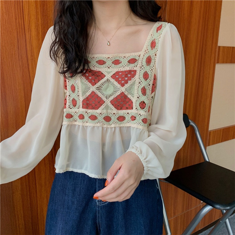 Brroa Áo Sơ Mi Chiffon Tay Phồng Dài Cổ Vuông Thêu Hoa Phong Cách Pháp Ngọt Ngào Cho Nữ